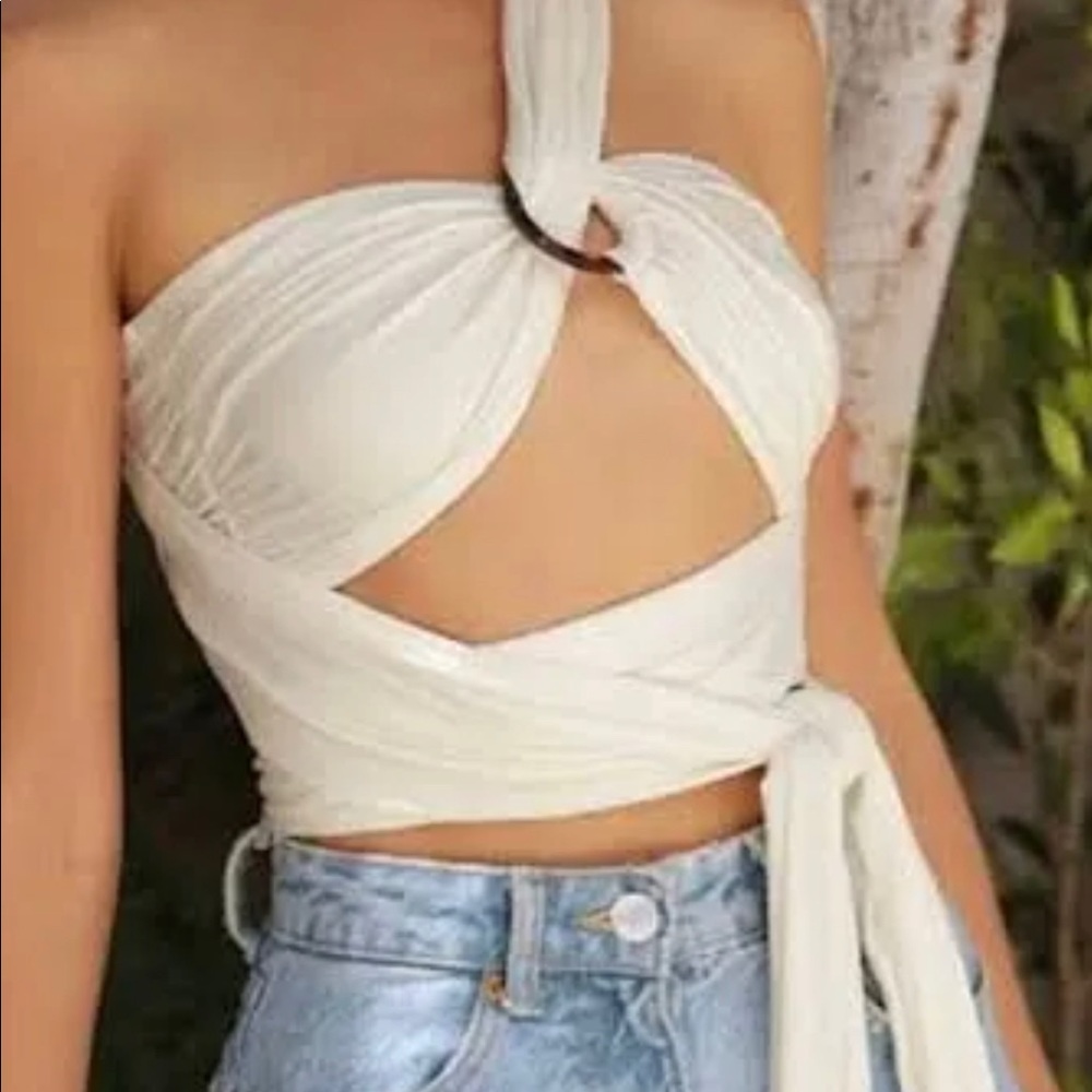 Shein One Shoulder O-ring Twist Tie Front